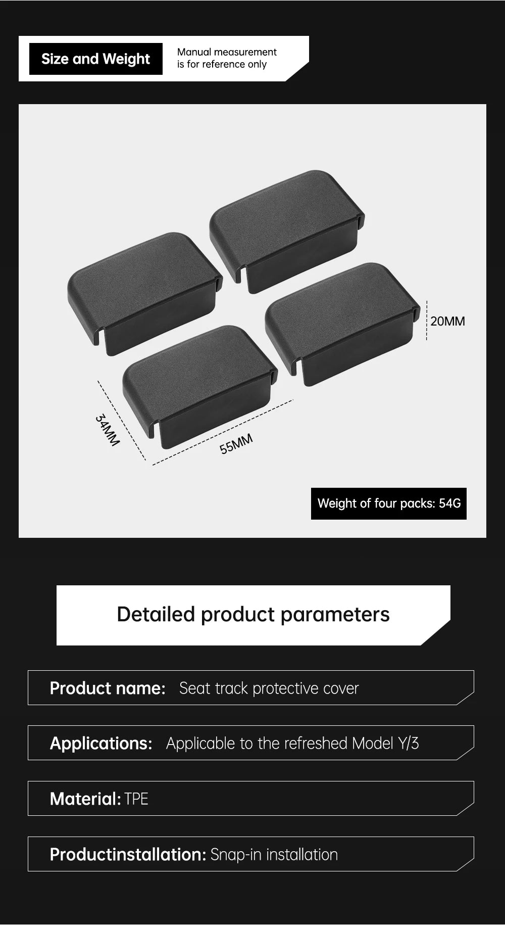 Tesla Model 3/Y Seat Rail Cover Protectors (4 or 8 Pack) - 2021-2026