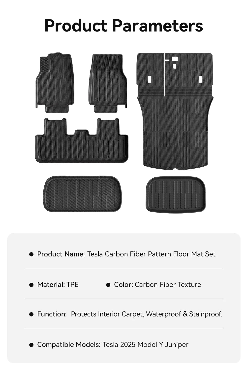 Tesla Model Y Juniper 2026 Carbon Fiber TPE Floor Mats & Trunk Liners