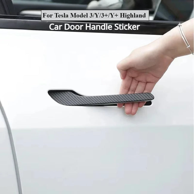 4Pcs/Set ABS Carbon Fiber Car Door Handle Wrap Cover Stickers Accessorie For Tesla Model Y Launch 2025 Model 3/Y/3 Highland 2024 Hover Image