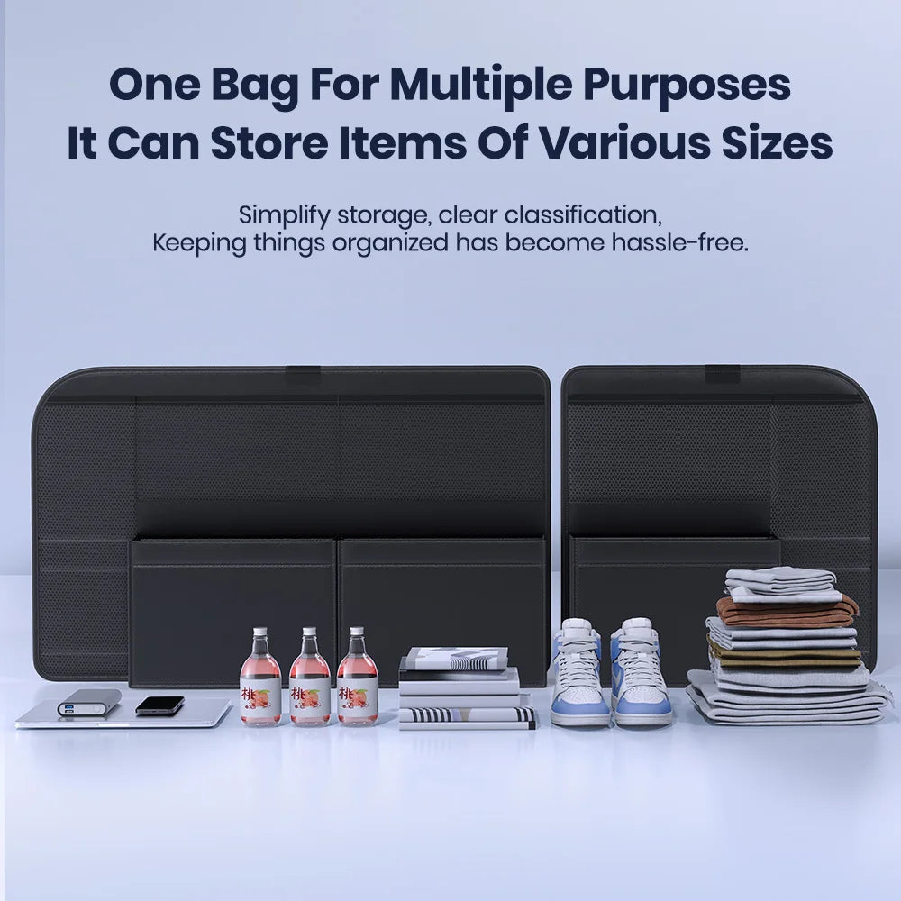 Multi-purpose storage compartments for Tesla trunk organizer items