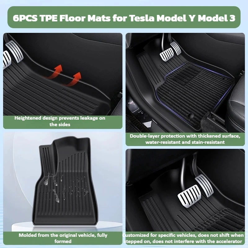 Floor Mats for Tesla Model Y Model 3 Double Layer 3D TPE Menis Carpet Velvet Waterproof Washable Two Layers Car Floor Pads 6PCS