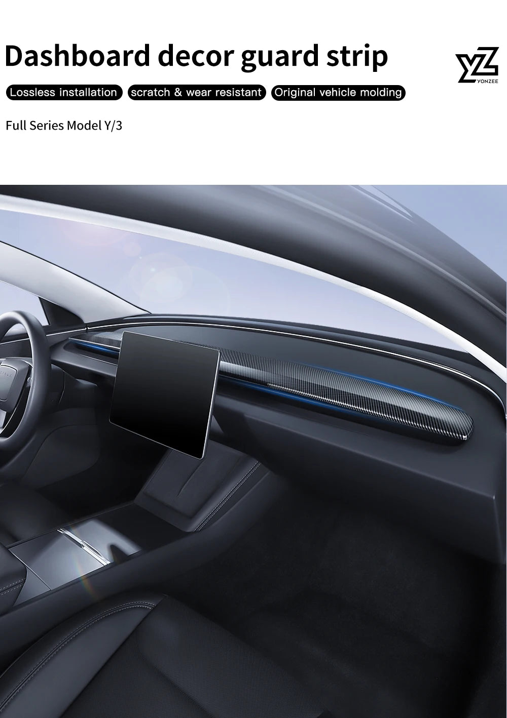 Tesla Model 3 Highland Model Y Dashboard Trim Carbon Fiber Cover Strip